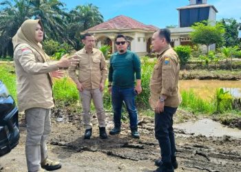 Gubernur Al Haris didampingi Bupati Tanjab Timur, Dillah Hikmah Sari, dan Wabup Muslimin Tanja meninjau kondisi ruas jalan provinsi Sabak–Nipah Panjang, Sabtu (17/5/2025). (Dok. nahar - JT)