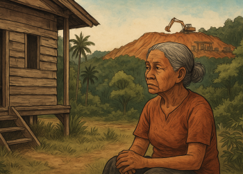Ilustrasi Seorang perempuan adat suku Pagu duduk di depan rumah panggungnya yang mulai lapuk, memandangi bukit yang dulu disebut “hutan leluhur” kini berubah menjadi kawasan tambang nikel. (Dok. AI)