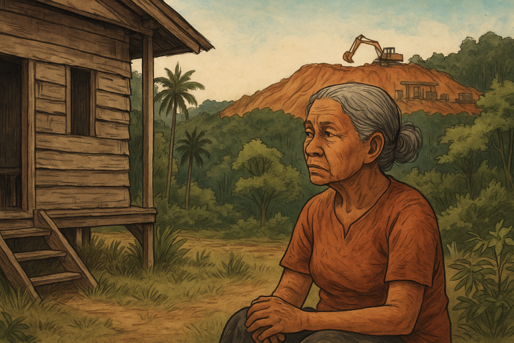 Ilustrasi Seorang perempuan adat suku Pagu duduk di depan rumah panggungnya yang mulai lapuk, memandangi bukit yang dulu disebut “hutan leluhur” kini berubah menjadi kawasan tambang nikel. (Dok. AI)