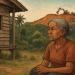 Ilustrasi Seorang perempuan adat suku Pagu duduk di depan rumah panggungnya yang mulai lapuk, memandangi bukit yang dulu disebut “hutan leluhur” kini berubah menjadi kawasan tambang nikel. (Dok. AI)