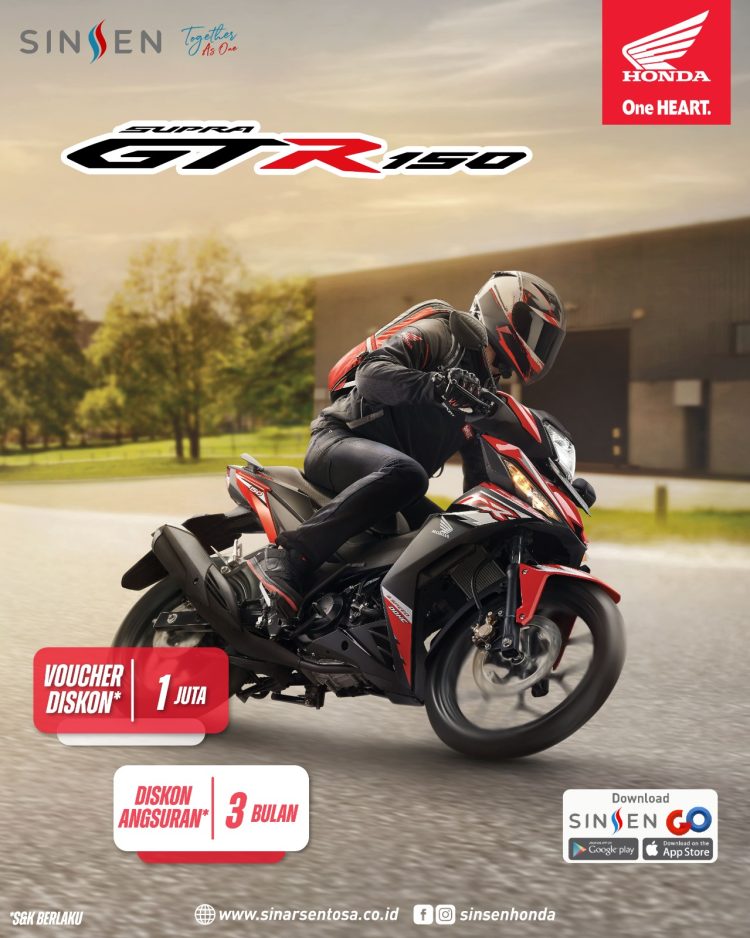 Honda Supra GTR150 tampil gagah dan siap menaklukkan segala medan. Dapatkan voucher diskon Rp1 juta dan potongan angsuran selama 3 bulan dalam program spesial dari PT Sinar Sentosa Primatama (Sinsen) sepanjang Mei 2025. (Sok. Suci Sinsen)