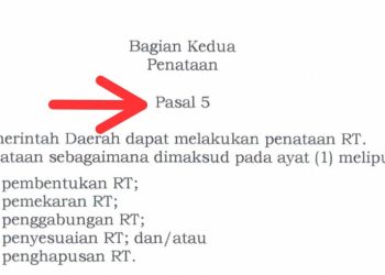 bunyi Pasal 5 Perwal Nomor 6 Tahun 2025 yang menegaskan kewajiban penataan RT oleh Pemerintah Daerah, termasuk penggabungan jika jumlah penduduk tidak mencukupi (Sumber: Dokumen LPKNI)