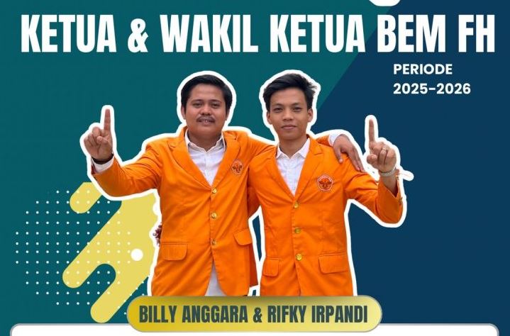 Billy Anggara Jufri dan Rifky Irpandi, calon Ketua dan Wakil Ketua BEM Fakultas Hukum Universitas Jambi, berpose usai debat kandidat, Sabtu (21/6/2025). (Dok, BEM FH UNJA)