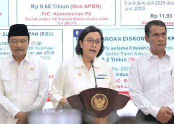 Menteri Keuangan Sri Mulyani Indrawati menyampaikan pernyataan resmi soal peran APBN dalam menghadapi tekanan ekonomi global, Jakarta (4/6/2025). (Dok Kemenkeu)