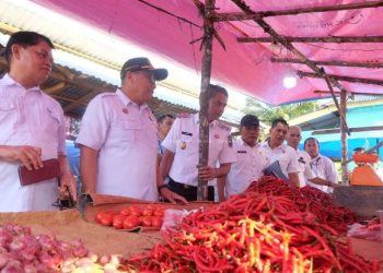 Wakil Bupati Muaro Jambi, Junaidi H. Mahir, bersama jajaran Forkopimda dan OPD meninjau harga komoditas pangan di Pasar Suko Awin Jaya, Kecamatan Sekernan, Rabu (4/6/2025). (Dok. Kominfo)