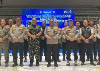 Kakorlantas Polri Irjen Pol. Agus Suryonugroho bersama jajaran TNI-Polri dan instansi terkait usai kegiatan simulasi Tactical Floor Game (TFG) pengamanan Hari Bhayangkara ke-79 di TMII, Jakarta Timur, Sabtu (28/6/2025). (Dok. TBnews)