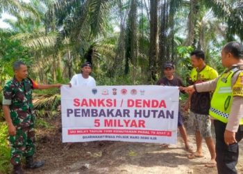 Bhabinkamtibmas Polsek Maro Sebo Ilir bersama Babinsa dan warga Desa Bukit Sari memasang spanduk larangan pembakaran hutan dan lahan sebagai bagian dari sosialisasi pencegahan Karhutla, Sabtu (7/6/2025). (Dok. Humas Polsek Maro Sebo Ilir)