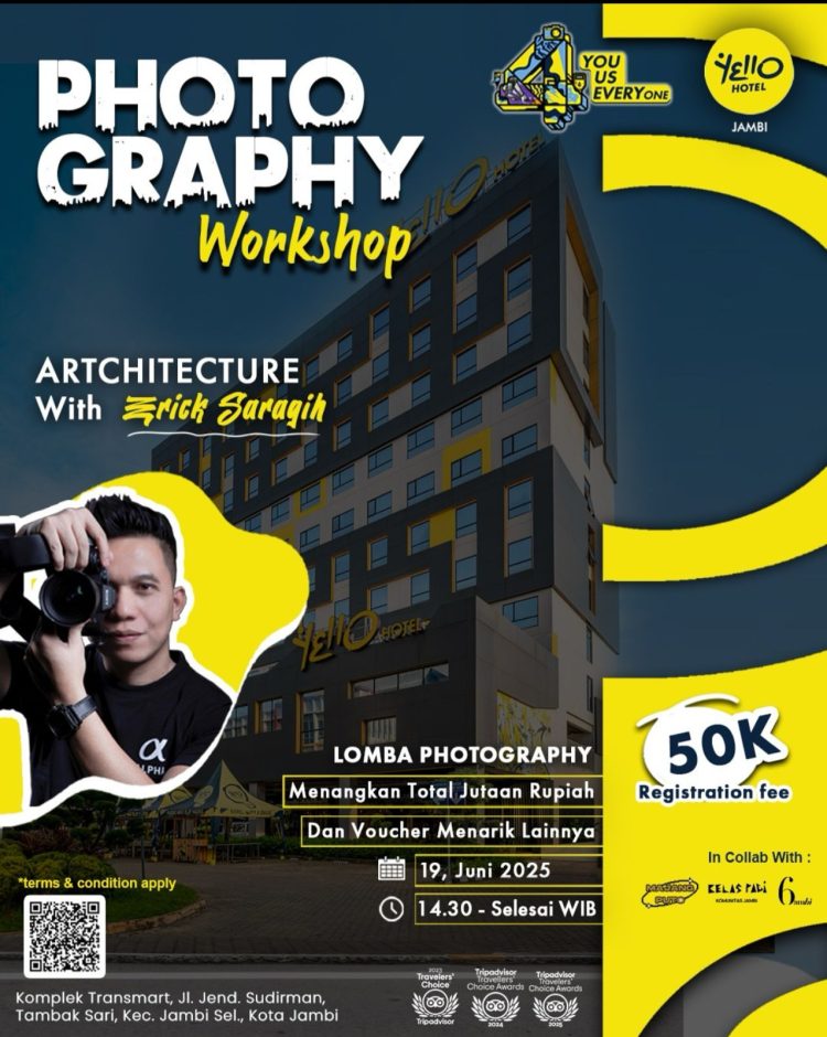 Banner Fotografer profesional Erick Saragih akan menjadi pembicara utama dalam workshop fotografi arsitektur yang digelar YELLO Hotel Jambi pada 19 Juni 2025. (Dok. YELLO Hotel Jambi)