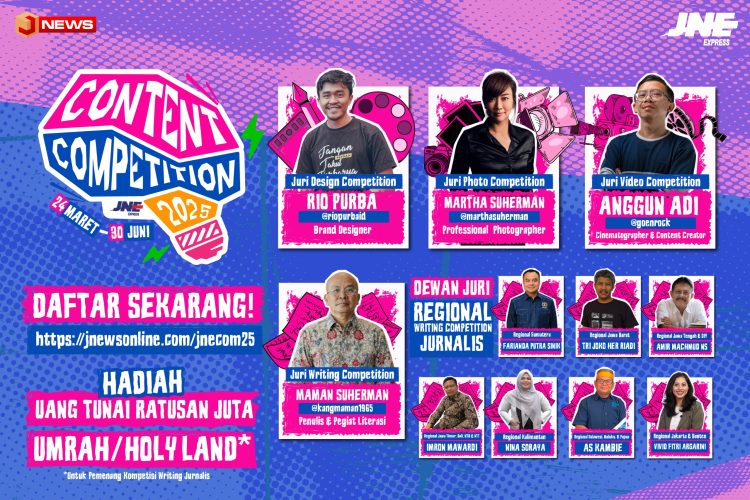 Poster resmi JNE Content Competition 2025 yang menampilkan jajaran dewan juri dari berbagai kategori lomba desain, foto, video, serta penulisan umum dan jurnalistik regional. (Dok. JNE)