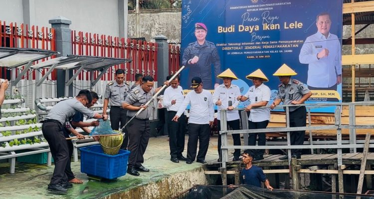 Direktur TEKFORMA dan Kerja Sama Pemasyarakatan Ditjen PAS, Maulidi Hilal, bersama Kepala Kanwil Kemenkumham Jambi, Hidayat, dan jajaran panen raya ikan lele di Lapas Kelas IIA Jambi, Rabu (12/6/2025). (Dok. Yola)