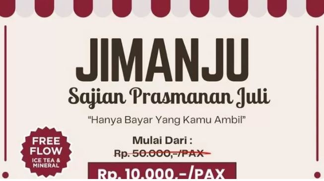 Banner Promo "Jimanju" di Grand Makmur Hotel Jambi tawarkan sajian prasmanan mulai Rp 10.000 per porsi dengan konsep "Bayar Sesuai yang Diambil". Berlaku setiap Senin Jumat selama Juli 2025. (Dok. Grand Makmur Hotel Jambi)