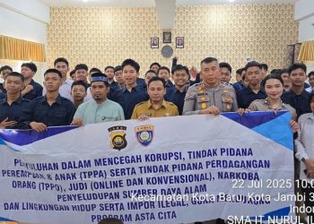 Kasubdit Bintibsos Polda Jambi, AKBP Dr. Dadang Djoko Karyanto, bersama guru dan siswa SMA IT Nurul Ilmi 2 Kota Jambi usai kegiatan penyuluhan tentang bahaya narkoba, perdagangan orang, dan perundungan, Selasa (22/7/2025). (Doik. Nahar)