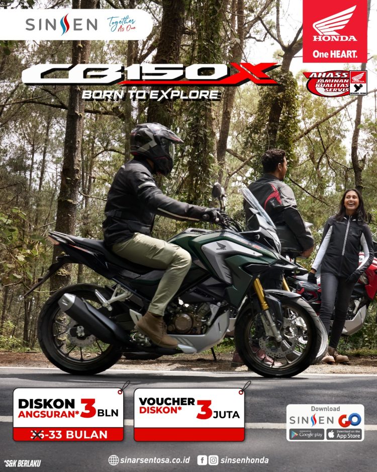 Banner Promo spesial Honda CB150X dari Sinsen Honda Jambi dalam program Honda JUARA, menawarkan diskon angsuran hingga 3 bulan dan voucher potongan harga hingga Rp3 juta sepanjang Juli 2025. (Dok. Sinsnen)