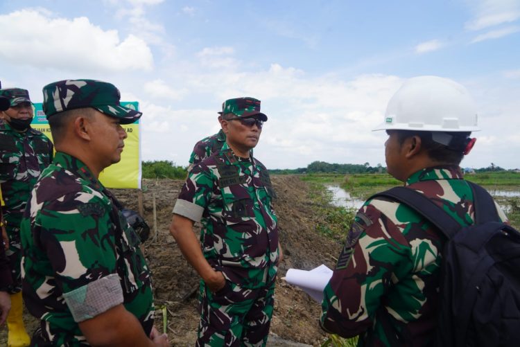 Danrem 042/Gapu Brigjen TNI Heri Purwanto meninjau lokasi program Optimalisasi Lahan (Opla) di wilayah Kodim 0419/Tanjab, Kecamatan Berbak, Tanjab Timur, didampingi personel TNI dan perwakilan kelompok tani, Minggu (13/7/2025). (Dok. Penrem 042/Gapu)