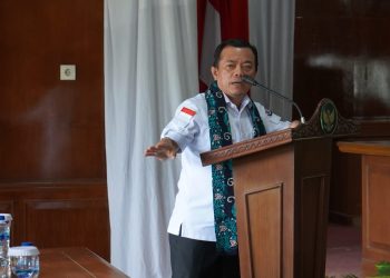Wakil Menteri Transmigrasi Viva Yoga Mauladi menyampaikan sambutan dalam kunjungan kerja dan dialog pembangunan kawasan transmigrasi di Aula Kantor Bupati Tanjung Jabung Timur, Jumat (25/7/2025). (Dok. Erit Kominfo)