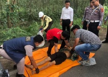 Petugas kepolisian bersama tim medis mengevakuasi jasad pria lansia tanpa identitas yang ditemukan di pinggir Jalan Lintas Jambi–Muara Sabak, Senin (11/8/2025). (Dok. Daus)