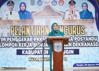 Ketua TP-PKK Provinsi Jambi, Hj. Hesti Haris, memberikan sambutan pada pengukuhan empat organisasi di Kabupaten Merangin, Jumat (8/8/2025).(dok.kominfo)