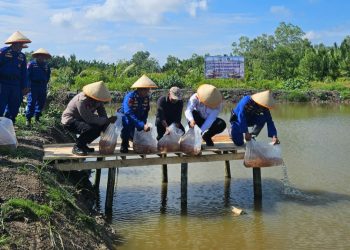 Ditpolairud Polda Jambi, Kombes Pol Agus Tri Waluyo bersama unsur TNI, pemerintah daerah, dan masyarakat saat menebar 5.000 bibit ikan nila di kolam milik warga di Parit 8, Desa Tungkal I, Kabupaten Tanjung Jabung Barat, Rabu (6/8/2025). (Dok.Humas)