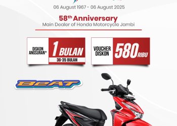 Poster promosi HUT ke-58 Sinsen, main dealer Honda Jambi, yang menghadirkan diskon Rp580 ribu untuk pembelian Honda BeAT Sporty Series selama Agustus 2025. (Dok. Sinsen)