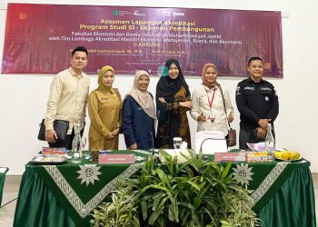 Bripka Rahmada Akbari, S.E. (paling kanan), berfoto bersama tim asesor dan perwakilan Fakultas Ekonomi dan Bisnis Universitas Muhammadiyah Jambi dalam kegiatan asesmen lapangan Program Studi Ekonomi Pembangunan, Senin (5/8/2025). (Dok. Daus)