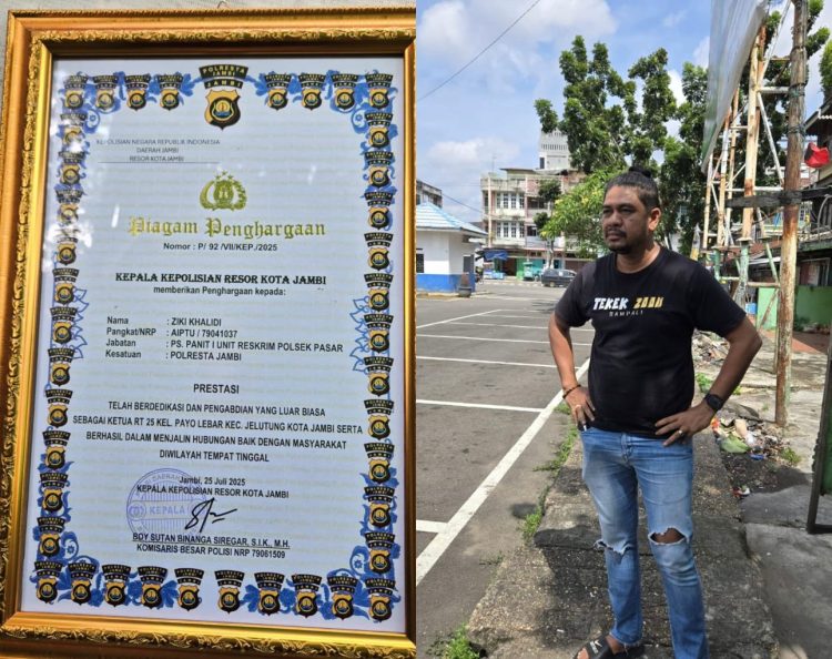 Foto kiri: Piagam Penghargaan dari Kapolresta Jambi kepada AIPTU Ziki Khalidi - Foto kanan: AIPTU Ziki Khalidi, berpose di lingkungan tempat tinggalnya yang menjadi wilayah binaan. (Dok. Pribadi)