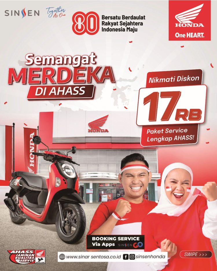 Banner Semarak Promo Merdeka AHASS Jambi: Diskon jasa servis Rp17 ribu dan potongan harga part cleaner khusus bagi konsumen sepeda motor Honda, berlaku 10–31 Agustus 2025 di seluruh jaringan AHASS se-Provinsi Jambi. (Dok. Sinsen)