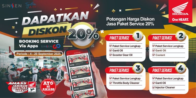 Banner program promo Harpelnas 2025 yang memberikan diskon jasa servis 20 persen di seluruh jaringan AHASS hingga 20 September 2025. (Dok .Sinsen)