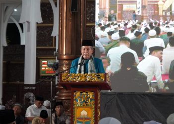 Wakil Gubernur Jambi Abdullah Sani menyampaikan sambutan pada Tabligh Akbar peringatan Maulid Nabi Muhammad SAW 1447 H di Masjid Agung Al-Falah, Kota Jambi, Senin (22/9/2025) malam. (Dok, Stepanus)