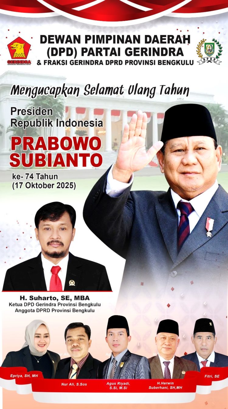 Benner Ucapan Selamat Ulang Tahun Kepada Presiden RI, Prabowo dari Ketua DPD Partai Gerindra Bengkulu, Suharto. (Dok.yola)