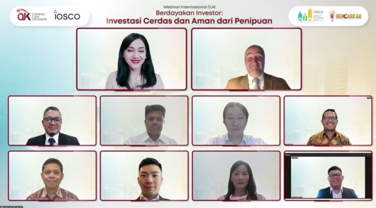 Tangkapan layar webinar internasional OJK bertema “Empowering Investors: Invest Wisely and Stay Safe from Fraud and Scams” yang menghadirkan berbagai narasumber dari lembaga jasa keuangan global dalam rangkaian World Investor Week (WIW) 2025. (Dok. Humas OJK)