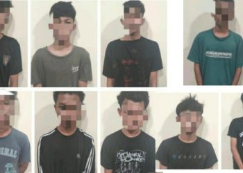 Sembilan remaja yang terlibat aksi tawuran bermotor di kawasan Jalan Lingkar Timur II, Kota Jambi, berhasil diamankan polisi pada Sabtu (11/10/2025). (Dok. Humas Polsek Jambi Timur)