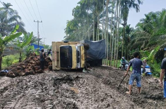 Truk pengangkut sawit terguling di jalan berlumpur di ruas Jalan Lintas Provinsi Tanjung Jabung Timur. Pemkab menutup sementara jalur tersebut selama tujuh hari untuk mempercepat perbaikan dan menjaga keselamatan pengguna jalan, Rabu (26/11/2025). (Dok. Daus)