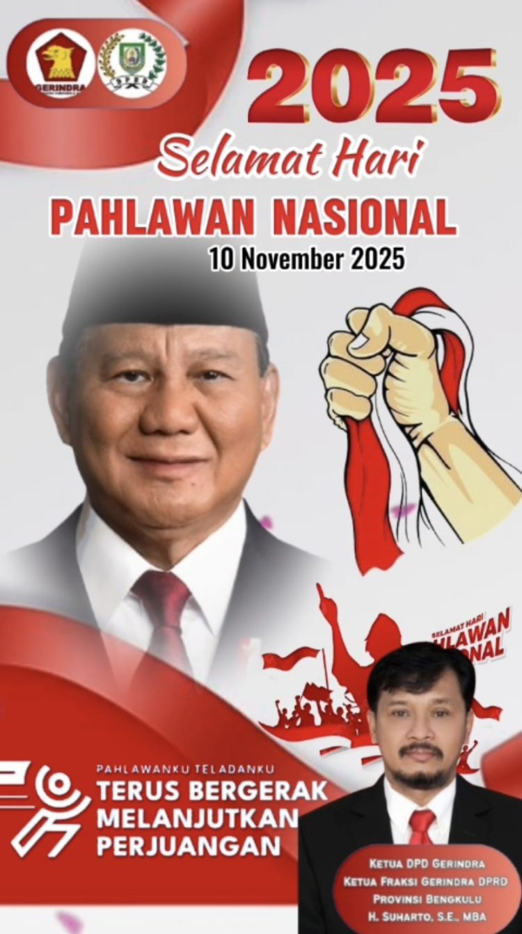 Benner Hari Pahlawan, Ketua DPD Partai Gerindra Provinsi Bengkulu, H. Suharto, S.E., M.B.A. (Dok.yola)