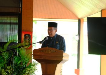 Wakil Gubernur Jambi, Drs. H. Abdullah Sani, M.Pd.I, menyampaikan sambutan saat membuka Seminar Nasional Kedigdayaan Melayu Jambi sebagai Penguatan Arah Pembangunan Nasional di Kawasan Cagar Budaya Nasional (KCBN) Muaro Jambi, Sabtu (8/11/2025). (Poto : Sop Birin)