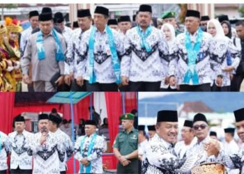 Bupati Kerinci Monadi bersama jajaran PGRI dan tamu undangan saat menghadiri Peringatan HGN dan HUT ke-80 PGRI Tingkat Provinsi Jambi di Kayu Aro. (Dok. Deko)