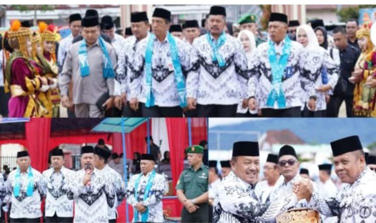 Bupati Kerinci Monadi bersama jajaran PGRI dan tamu undangan saat menghadiri Peringatan HGN dan HUT ke-80 PGRI Tingkat Provinsi Jambi di Kayu Aro. (Dok. Deko)
