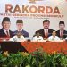 Ketua DPD Partai Gerindra Bengkulu H. Suharto bersama jajaran pengurus memimpin Rakorda di Hotel Santika Bengkulu, Selasa (9/12/2025) (Dok.Yola)