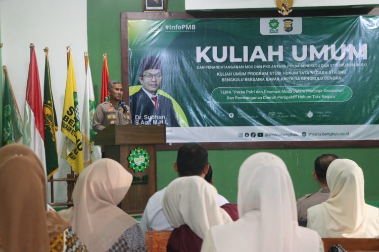Kapolda Bengkulu Irjen Pol. Mardiyono, menghadiri kegiatan sosialisasi kuliah umum yang dirangkaikan dengan penandatanganan Nota Kesepahaman MoU dan PKS antara Polda Bengkulu dan STIES NU Bengkulu, Rabu (28/1/2026). (Dok/yola)
