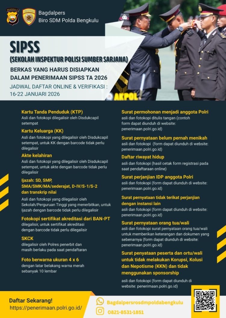 Pendaftaran umum Sekolah Inspektur Polisi Sumber Sarjana (SIPSS) Tahun Anggaran 2026. (dok/yola)