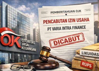 Ilustrasi gedung Otoritas Jasa Keuangan (OJK) dan dokumen pencabutan izin usaha PT Varia Intra Finance (Dok. Cici)