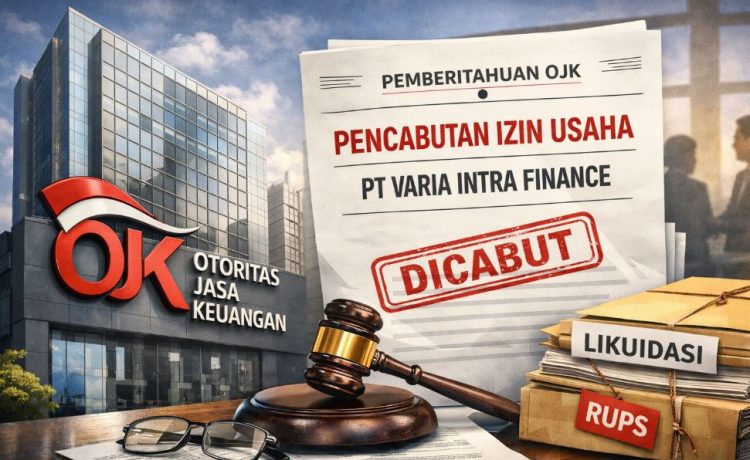 Ilustrasi gedung Otoritas Jasa Keuangan (OJK) dan dokumen pencabutan izin usaha PT Varia Intra Finance (Dok. Cici)