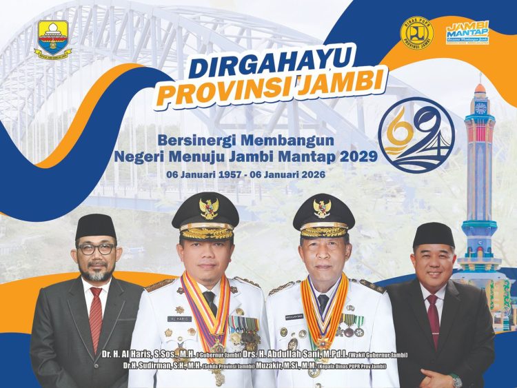 Banner Kadus PUPR Provinsi Jambi, Muzakir, M.Si., pada Dirgahayu ke-69 Provinsi Jambi dengan tema “Bersinergi Membangun Negeri Menuju Jambi MANTAP 2029”. (Dok. Bayu)