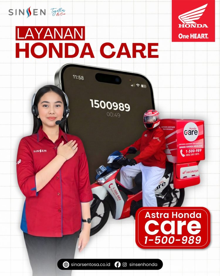 Banner Layanan Honda Care dari PT Sinar Sentosa Primatama (Sinsen) siap membantu konsumen Honda di Jambi melalui servis kunjung dan bantuan darurat selama musim hujan. (Dok. Sinsen)