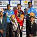 Briptu Muhamad Fawwaz Aditia Farrel, anggota Batalyon C Pelopor Brimob Polda Metro Jaya, menerima medali emas setelah mencatat Rekor Dunia pada nomor 25 Meter Rapid Fire Pistol Men di Asian Rifle/Pistol Championship 2026, New Delhi, India, 14 Februari 2026. (Dok/yola)