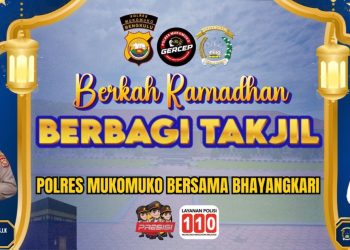 Benner Pemberitahuan Polres Mukomuko Bersama Bhayangkari Laksanakan Pembagian Takjil Setiap Hari. (Dok/Dd)