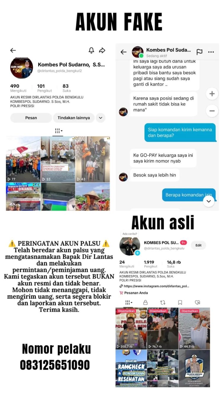 Catut Nama Dirlantas Polda Bengkulu untuk Pinjam Uang, Kombes Pol Sudarno Tegaskan Itu Akun Palsu. (Dok/yola)