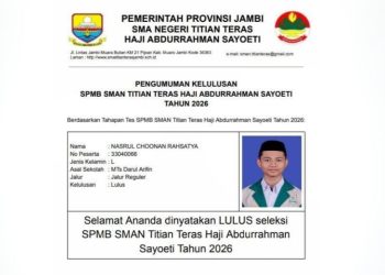 Tangkapan layar pengumuman kelulusan SMBP SMA Titian Teras Jambi. (Dok. Akbar)