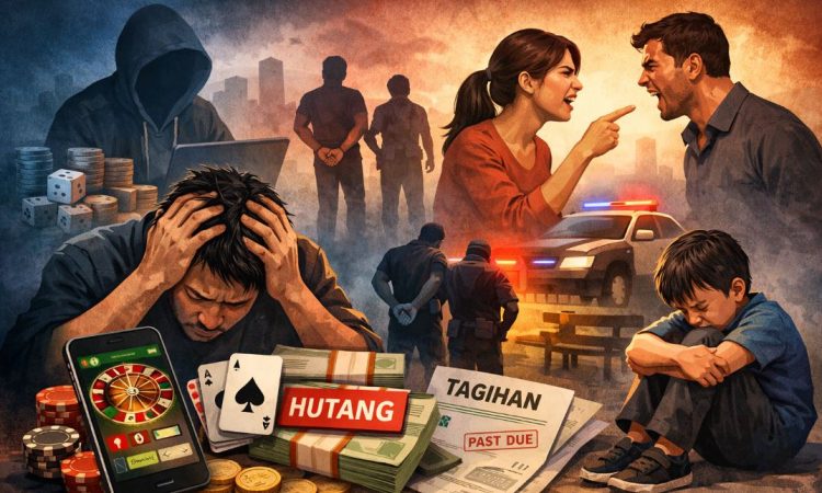 Ilustrasi dampak judi online yang memicu tekanan mental, kerugian finansial, konflik keluarga, hingga masalah sosial di masyarakat. (Dok. AI)