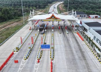 Gerbang Tol Pijoan di ruas Jalan Tol Trans Sumatera yang dipantau selama arus mudik Lebaran 2026, Jumat (20/3/2026). (Dok.Humas HK)