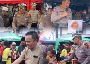 Direktur Lalu Lintas Polda Jambi Kombes Pol Adi Benny Cahyono bersama personel Polantas dan ratusan driver ojek online membagikan paket takjil kepada pengguna jalan dalam kegiatan Polantas Menyapa di Kota Jambi, Kamis (5/3/2026). (Dok. Nahar)